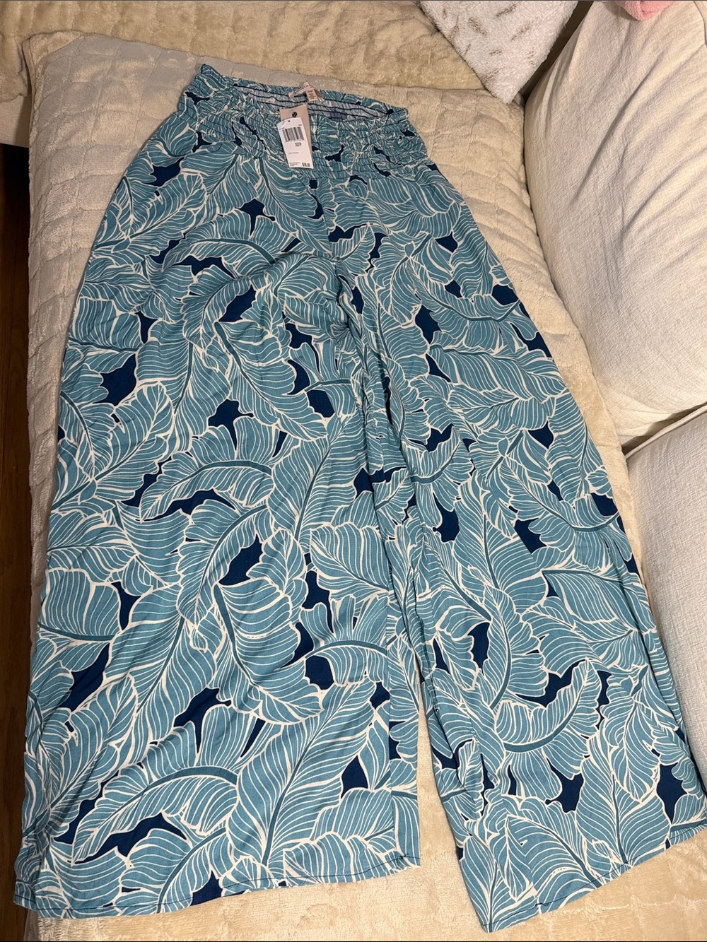 Philosophy Teal & Navy Leaf-Print Wide Leg Pants
